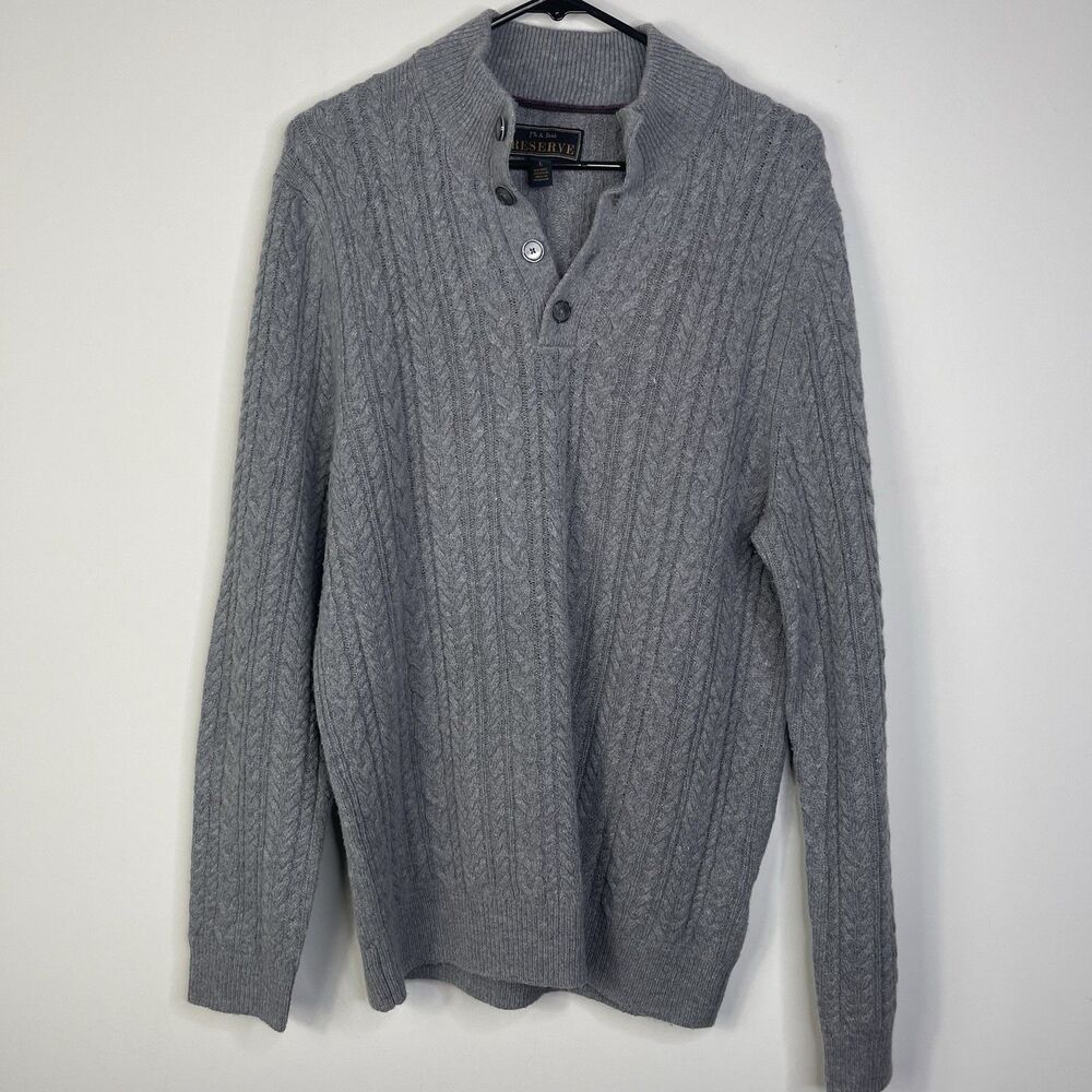 Jos A Bank Reserve Mens L Wool Blend Cable Knit Sweater Gray Minimalist Preppy